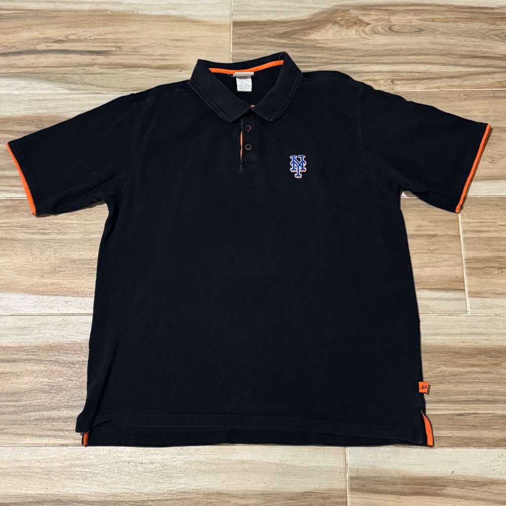 Majestic New York Mets MLB Polo Shirt Mens XL Black Orange Pique Embroidery